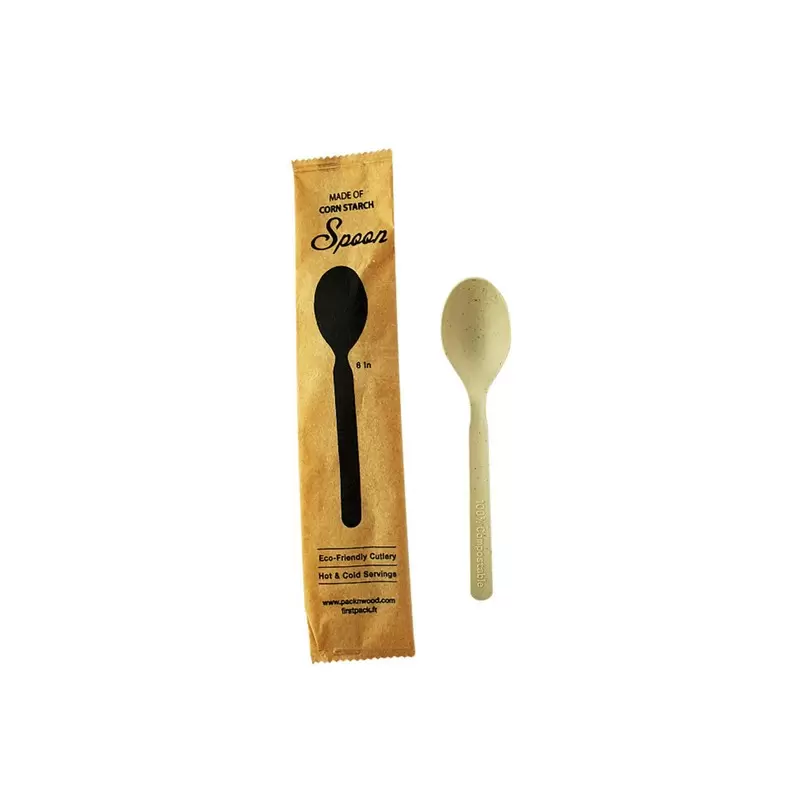 PacknWood Compostable & Heat Proof Corn - Bamboo Fiber Spoon Individually Wrapped '' A Paper Wrapper - 6'' - 500 pcs