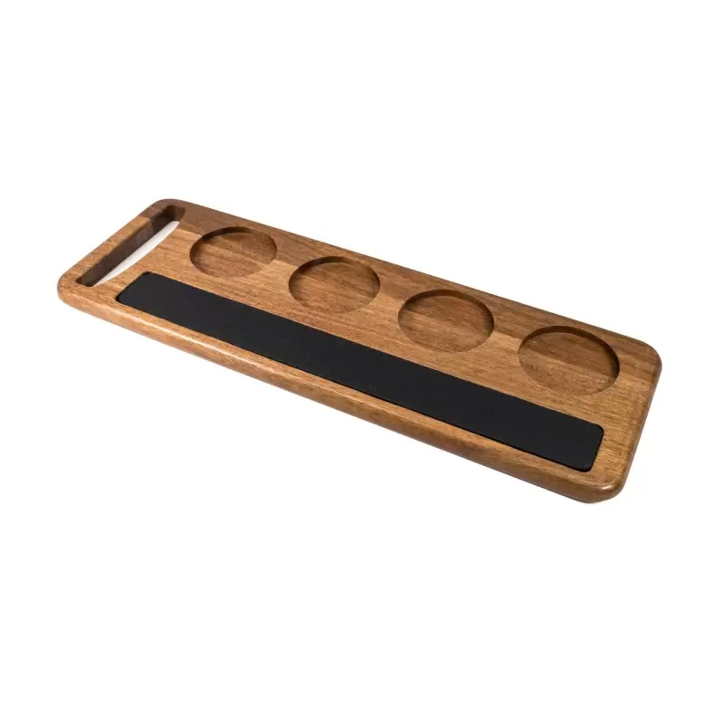 Premium Acacia Dishwasher-Safe Wood 4 Hole Flight With Chalk Board Wine/Beer - 16" x 5.5" - Made in USA