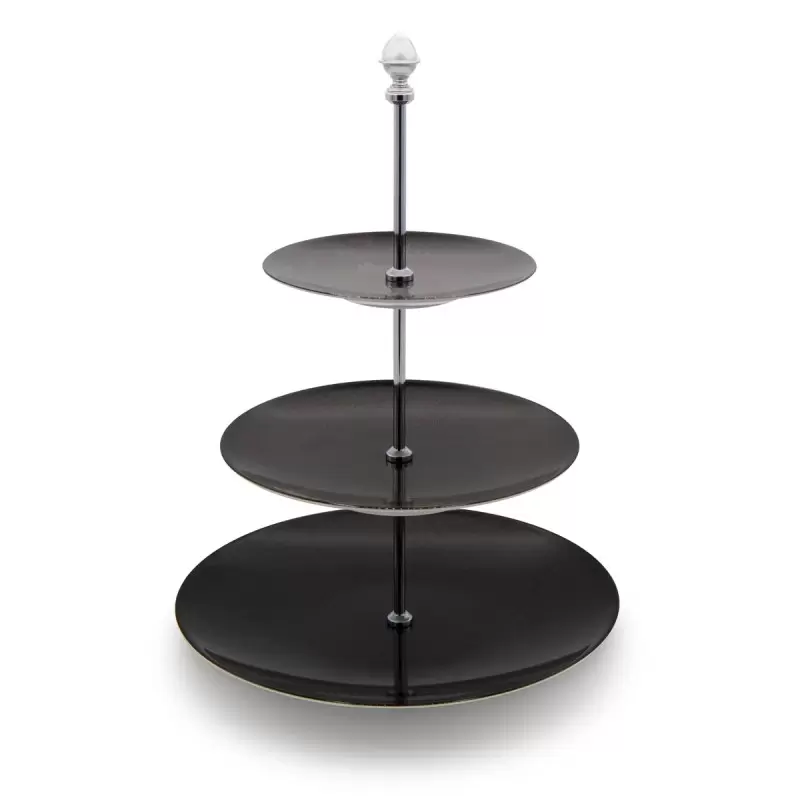 Jaune de Chrome Spangled Black Tiered Cake Platter 3 Levels (Dinner + Dessert + B&B) Chromium Rod & Seed Lid