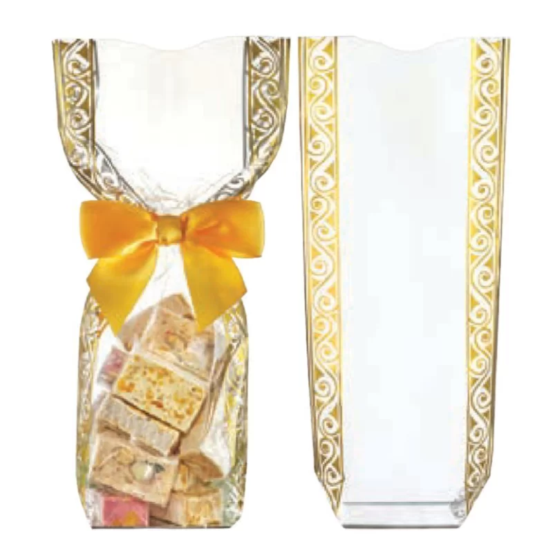 Clear Cellophane Candy and Chocolate Bags with Gold Print Border and Square Base - 120mm x 260mm - 100pcs