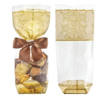 Clear Cellophane Candy and Chocolate Bags with Golden Lace Print and Cardboard Bottom - 120mm x 260mm - 100pcs