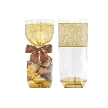 Clear Cellophane Candy and Chocolate Bags with Golden Lace Print and Cardboard Bottom - 120mm x 260mm - 100pcs