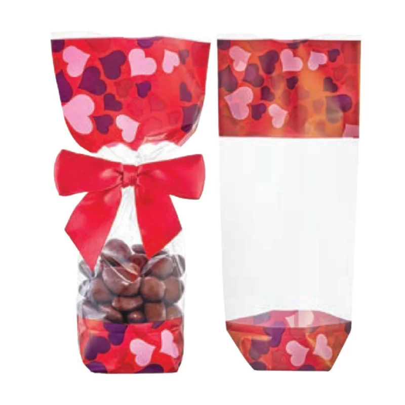 Clear Cellophane Valentine Candy and Chocolate Bags with Red Print Border and Hearts - 100mm x 220mm - 100pcs