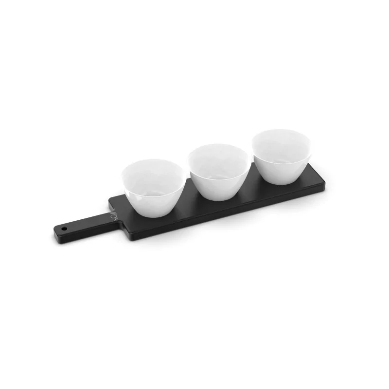 Moa Tagliere Modern Wood Display Board 520x120 Black with 3 White Bowls