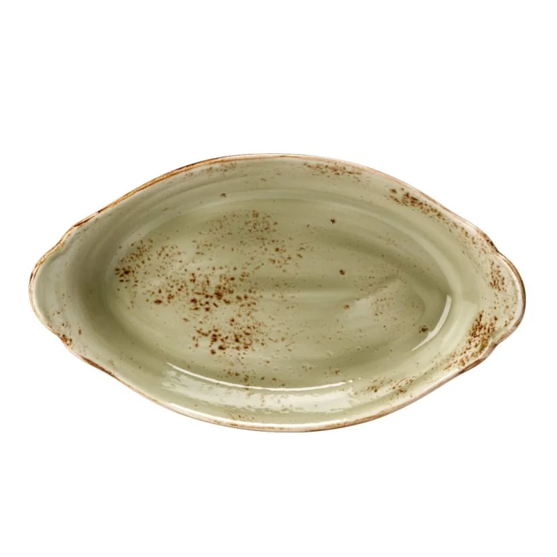 Steelite Performance Craft Green Oval Earred Dish 13 1/2'' x 7 1/2'' x 2 5/8'' (1 1/8 Qt) Craft Green - Pack of 6